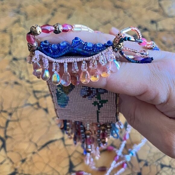 Hand Woven Bead Pouch Necklace Reversible Hummingbird Cat Cottage Boho Trinket - Picture 6 of 16